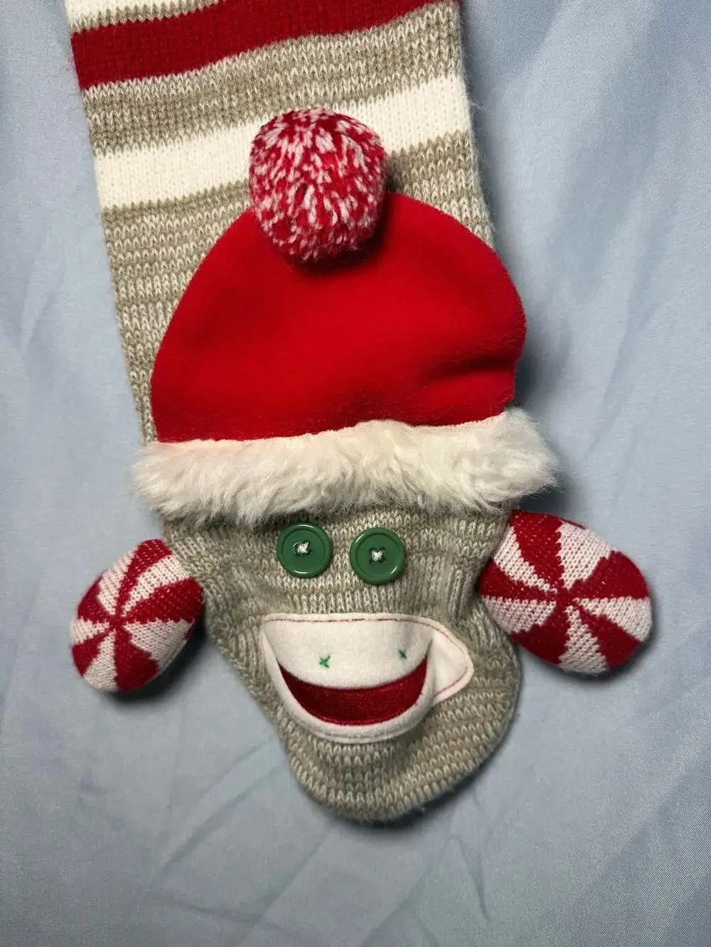 Christmas Sock Monkey Striped Scarf with Santa Hat and Feet Accents